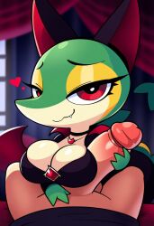 absurd_res ai_generated anthro bedroom_eyes big_breasts bodily_fluids breast_play breasts choker cleavage clothed clothing cute_fangs duo erection female first_person_view generation_5_pokemon genitals heart hellsonger hi_res human human_on_anthro humanoid_genitalia interspecies jewelry looking_at_viewer male male/female mammal narrowed_eyes necklace nintendo nipples paizuri penis pokemon pokemon_(species) red_eyes seductive sex short_stack smile snivy solo_focus titfuck titjob vampire