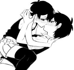 2boys black_and_white black_legwear gay grinding kissing omori omori_(character) questionable_consent selfcest shirt_pull suggestive sunny_(omori) thighhighs