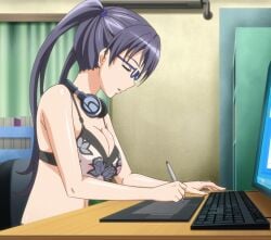 1girls big_breasts black_hair bra breasts bursting_breasts busty cleavage closed_eyes computer covered_erect_nipples eroge!_h_mo_game_mo_kaihatsu_zanmai from_side glasses headphones highres keyboard_(computer) kosaka_iori large_breasts long_hair monitor navel nipples panties parted_lips screencap see-through sleeping solo stitched third-party_edit twintails underwear