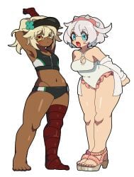 2girls amber_eyes blonde_hair cleavage elphelt_valentine heels kekeken_(9vsqgrq7v2wnvby) large_breasts looking_at_viewer ramlethal_valentine swimsuit teal_eyes thick_thighs white_hair