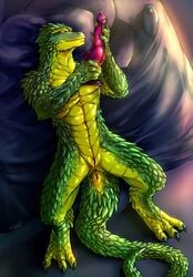 1boy aquilus digitigrade dildo dragon fudchan green lizard male male_only muscles nude pose scalie sex_toy slit solo spread_legs spreading