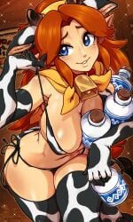 1girls big_breasts blue_eyes cleavage cow_ears cowbell cowprint_bikini female malon merunyaa milk_bottle ocarina_of_time pointy_ears red_hair solo the_legend_of_zelda thighhighs