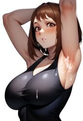 ai_generated armpits arms_up big_breasts black_shirt brown_eyes brown_hair cum cum_on_armpit eye_contact looking_at_viewer my_hero_academia not_porn ochako_uraraka su_whore_(artist) sweaty sweaty_armpits