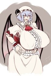 1girls 2d alternate_breast_size annoyed annoyed_expression bat_wings big_breasts blue_hair blush bracelet breasts breasts_bigger_than_head elun_(meido) fangs female hands_on_hip hat huge_breasts large_breasts long_skirt looking_to_the_side mob_cap narrowed_eyes nipple_bulge open_mouth pointy_ears puffy_short_sleeves red_eyes remilia_scarlet shirt short_hair skirt solo source touhou vampire vampire_girl wings