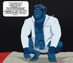 anthro balls bara barazoku beast_(x-men) blue_body blue_fur boner closed_eyes erection furry glasses hank_mccoy hunter-husky labcoat male male_only marvel marvel_comics muscles muscular penis solo solo_male speech_bubble spread_legs squatting x-men