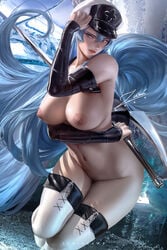 akame_ga_kill! blue_hair esdeath_(akame_ga_kill!) hat ice nipples zumi