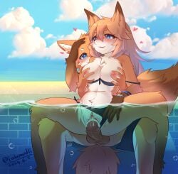 absurd_res anthro blue_eyes canid canine duo female fox fur genitals hair hi_res lalamedli male male/female mammal nipples nude orange_body orange_fur orange_hair penis pussy sex_toy