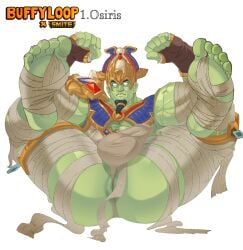 anus armor bandages bara big_muscles blank_background buffyloop bulge compromising_position egyptian_mythology feet gay glowing_eyes green_skin men mummy osiris osiris_(smite) smite solo solo_male stitches veins yaoi