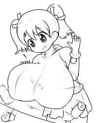 ! 1girls alternate_breast_size ape_escape big_breasts breasts brown_hair busty can covered_nipples drink_can gloves hand_on_own_chest highres huge_breasts leaning_forward legs monochrome open_mouth sayaka skeleton_(artist) sketch skirt soda_can solo sony surprised thighs twintails yumi
