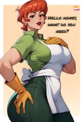 1girls ai_generated apron black_eyes cartoon cartoon_network cowboy_shot dexter's_laboratory dexter's_mom gloves hand_on_ass hand_on_breast huge_ass large_ass large_breasts looking_at_viewer marlosart mature_female mommy orange_hair thick_thighs thighs