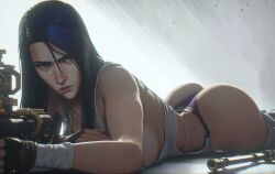 1girls ai_assisted ai_generated arcane arcane_caitlyn atmospheric blue_hair breast_press caitlyn_kiramman female female_focus female_only fonglet gun league_of_legends lying_on_stomach purple_hair rifle riot_games singlet solo solo_female solo_focus thong