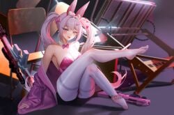 1girls alice_(nikke) alice_(wonderland_bunny)_(nikke) artist_request ass blush breasts bunny_ears bunnysuit cleavage feet female female_only fully_clothed goddess_of_victory:_nikke on_floor pink_eyes revealing_clothes sitting tight_clothing tongue_out twintails white_hair