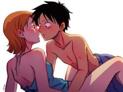 about_to_kiss before_sex blush blushing_ears bottomless bottomless_female color colored female female/male first_kiss first_time male male/female male_on_top monkey_d_luffy nami nami_(one_piece) nervous no_panties one_piece pre-timeskip pre_sex pre_timeskip shirtless_male topless topless_male zantinaa