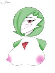 absurd_res anthro big_breasts blush breasts coyotebass digital_media_(artwork) female gardevoir generation_3_pokemon green_hair hair hi_res mammal multicolored_body nintendo nipples nude pink_nipples pokemon pokemon_(species) red_eyes simple_background smile solo two_tone_body