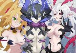 alternate_costume alternate_eye_color alternate_hair_color alternate_hairstyle asagi_asagiri black_hair black_sclera blonde_hair breasts choker cleavage colored_sclera corruption dark_persona demon_girl demon_horns disgaea disgaea_5 disgaea_rpg etna etna_(cosplay) gloves green_eyes hand_on_hip horns large_breasts liezerota long_hair looking_at_viewer metallia midriff multiple_girls navel nippon_ichi_software octpus_tako official_alternate_costume official_alternate_eye_color official_alternate_hair_color official_alternate_hairstyle open_mouth overlord_asagi parted_lips pointy_ears ponytail possessed possession purple_eyes reaching reaching_towards_viewer red_eyes skimpy_clothes slit_pupils smile the_witch_and_the_hundred_knight void_dark white_hair white_hair