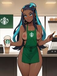 1girls adult adult_female ai_generated almost_naked apron_only barista big_breasts black_hair blue_eyes blue_hair breasts coffee coffee_mug coffee_shop dark-skinned_female dark_skin earrings female female_only gym gym_leader human human_female human_only looking_at_viewer multicolored_hair naked_apron nessa_(pokemon) nipples no_sex pokemon pokemon_ss public public_nudity realistic_breast_size realistic_proportions shop solo solo_female starbucks straight_hair thighs userisbad young_woman