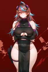 ai_generated clothing_cutout dress earrings emikukis gloves huge_breasts latam_virtual_youtuber multicolored_hair pelvic_curtain ricochetk thigh_strap underboob virtual_youtuber vtuber wide_hips