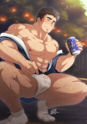 1boy abs anal_hair bara bare_pectorals beer_can bulge can check_copyright copyright_request covered_penis drink_can facial_hair fireworks fundoshi hairy holding japanese_clothes kimono large_pectorals light_smile looking_at_viewer male_focus mature_male muscular muscular_male night nipples off_shoulder original pectorals see-through short_hair sideburns_stubble solo sparse_arm_hair sparse_chest_hair sparse_leg_hair squatting stubble summer_festival sunfight0201 sweat thick_thighs thighs undressing wet wet_clothes wet_fundoshi