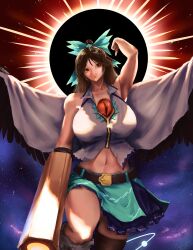 1girls 2d arm_up armpit artist_signature bare_shoulders belly belly_button big_breasts breasts brown_eyes brown_hair brown_hair cannon cape clothed clothed_female crow crow_girl dated female female_only hairbow hips humanoid long_hair looking_to_the_side okuu skirt solo source space standing sun thick_thighs thighhighs thighs third_eye tied_hair touhou utsuho_reiuji vest wide_hips wings xseal3