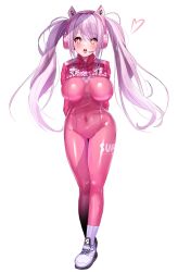 1girls alice_(nikke) arms_behind_back bodysuit breasts female_only fully_clothed goddess_of_victory:_nikke open_mouth pink_eyes pink_hair skin_tight tight_clothing twintails upper_teeth white_background wide_hips