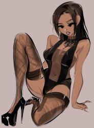 anime_style artist_request ass ass_shake big_breasts bimbo bimbo_body bimbo_lips bimbofication bimbofied black_hair breasts dark-skinned_female dark_skin female female_only high_heels lips lipstick nawtyq notquesty platform_heels slutty_outfit