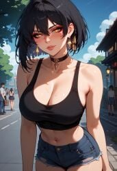 ai_generated bangs black_hair black_tank_top blush earrings female_rover_(wuthering_waves) flirting_with_viewer hair_between_eyes jewelry large_breasts minishorts red_eyeshadow short_hair stable_diffusion sugyx wide_hips wuthering_waves yellow_eyes