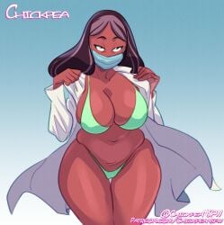 bedroom_eyes big_breasts black_eyes brown_eyes brown_hair cartoon_network chickpea dark-skinned_female dark_skin green_bikini hourglass_figure lab_coat labcoat mask masked masked_female milf mother plump presenting priyanka_maheswaran simple_background steven_universe thick_thighs thighs watermark