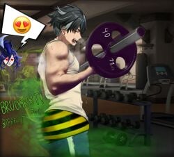 1boy 1girls biceps black_hair buff clorinde_(genshin_impact) dumbbell ear_piercing emoji exercise fart fart_cloud fart_fetish farting female genshin_impact gym heart-shaped_pupils heart_eyes male male/female male_focus muscular muscular_male nosebleed onomatopoeia pants_pulled_down pierced_ears punching_bag purple_hair sagging_pants strained straining sweat sweatdrop sweating tank_top thegreatiron treadmill weightlifting weights wriothesley_(genshin_impact)