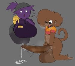 1boy brown_fur clothed female femboy huge_breasts light-skinned_male monkey monkey_tail observing purple_skin steam sweating