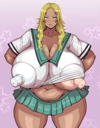 aiura_mikoto blonde_hair breasts_bigger_than_head cleavage curvy dark-skinned_female ear_piercing female gyaru hairclip hands_on_hips highres huge_breasts huge_nipples large_areolae long_hair looking_at_viewer nail_polish nipple_slip open_mouth pink_nails pleated_skirt plump ponkotsuu saiki_kusuo_no_psi_nan school_uniform solo tan thick_thighs tongue yellow_eyes