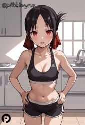 ai_generated bangs bare_arms bare_shoulders black_hair black_shorts blush breasts cleavage collarbone cowboy_shot dolphin_shorts female folded_ponytail gym_uniform hair_ribbon hands_on_hips indoors kaguya-sama_wa_kokurasetai_~tensai-tachi_no_renai_zunousen~ looking_at_viewer medium_breasts midriff navel open_mouth parted_bangs pikkiwynn red_eyes red_ribbon ribbon shinomiya_kaguya short_shorts shorts sidelocks sink solo sports_bra sportswear standing stomach teeth thighs upper_teeth_only window