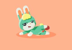 animal_crossing artist_request blonde_hair chibi disembodied_penis ejaculation genitals green_body hair hi_res lagomorph leporid male male/male mammal nintendo non-human non-human_only penis rabbit sasha_(animal_crossing) simple_background toony unknown_artist