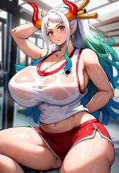 ai_due ai_generated athletic_female bare_legs big_breasts big_woman bigger_female breasts_bigger_than_head dolphin_shorts earrings female female_only gym_clothes gym_uniform hair_ornament horn horns huge_breasts large_breasts light-skinned_female light_skin looking_at_viewer multicolored_hair one_piece oni oni_female oni_horns orange_eyes ponytail shounen_jump squatting sweat sweatdrop thick_thighs thighs very_long_hair voluptuous voluptuous_female white_hair yamato_(one_piece)