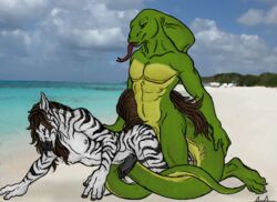 beach cobra couple cum cum_inside equine furry furry_only gay male muscles no_humans reptile rukis scalie seaside snake stripes stripes_(character) zebra