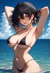 ai_generated bangs black_bikini black_hair blush earrings female_rover_(wuthering_waves) hair_between_eyes jewelry large_breasts lifting_hair looking_at_viewer red_eyeshadow rover_(wuthering_waves) sea short_hair stable_diffusion sugyx wide_hips wuthering_waves yellow_eyes