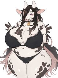 1girls animal_ears anthro baburusushi big_breasts black_hair bovid bovine bovine bra cameltoe chubby chubby_female cow_print cowbell female female_only hair_over_one_eye hi_res horns huge_breasts huge_thighs light_blush long_hair mole mole_under_mouth panties purple_eyes smiling solo thick_thighs two_tone_hair white_background wide_hips