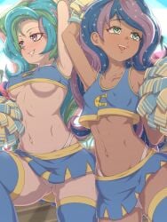 2girls belly belly_button blush brown_skin cheerleader equestria_girls female friendship_is_magic green_eyes human human_princess_celestia human_princess_luna humanized legwear light-skinned_female light_skin long_hair medium_breasts miniskirt multicolored_hair my_little_pony navel nipple_bulge nipples_visible_through_clothing no_bra panties pink_eyes princess_celestia_(mlp) princess_luna_(mlp) rockset skirt skirt_up slim_waist small_breasts smile smiling stockings sweat sweatdrop tan tan_skin thighs underboob upskirt