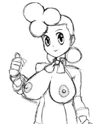 1girls aki_(ape_escape) ape_escape big_breasts breasts breasts_out busty drawfag female female_only hair_bun highres large_breasts looking_at_viewer monochrome nipples sketch smile solo sony voluptuous