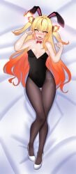 1girls 2d 2d_(artwork) alternate_costume black_bunnysuit blonde_hair blush bunny_ears bunnysuit dakimakura embarrassed embarrassed_female eternals_(idol_corp) female female_focus female_only front_view full_body heart-shaped_pupils high_resolution highres idol_corp idol_es latam_virtual_youtuber light-skinned_female light_skin long_hair looking_at_viewer lying orange_eyes pigtails red_hair ruby_runeheart short_pigtails slim_girl small_breasts solo solo_female solo_focus tight_clothing two_tone_hair virtual_youtuber vtuber vtuberfanart young younger_female