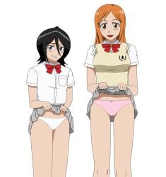 2girls big_breasts black_hair bleach blush breasts female female_only inoue_orihime kuchiki_rukia looking_at_viewer multiple_girls orange_hair panties pantyshot pink_panties presenting school_uniform skirt skirt_lift white_panties yonkaku