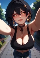 ai_generated bangs black_hair black_tank_top blush earrings female_rover_(wuthering_waves) flirting_with_viewer hair_between_eyes jeans jewelry large_breasts red_eyeshadow short_hair stable_diffusion sugyx wide_hips wuthering_waves yellow_eyes