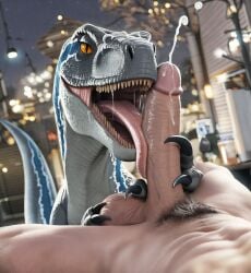 1boy ai_generated ambiguous_gender anthro anthro_on_feral balls blue_(jurassic_world) blurred_background bodily_fluids claws count_grey cum cum_on_face cum_on_penis cumshot depth_of_field detailed dinosaur dromaeosaurid duo ejaculation erection feral genital_fluids genitals grey_body grey_scales hi_res human human_on_feral humanoid_genitalia humanoid_penis interspecies jurassic_world licking looking_at_viewer male male/ambiguous mammal night novelai open_mouth oral orange_sclera outside penile penis penis_lick pubes pupils realistic reptile saliva scales scalie sex sharp_teeth slit_pupils teeth theropod tongue tongue_out vein veiny_penis velociraptor zoophilia