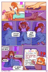 1girls arms_behind_head bed bed_sheet bedroom big_breasts blue_eyes cellphone comic comic_page curly_hair cute cute_face english_text feet female female_focus female_only front_view keyla_(patatadave) masturbation nice_ass oc orange_hair original_character page_2 page_number patata_dave sitting_on_bed