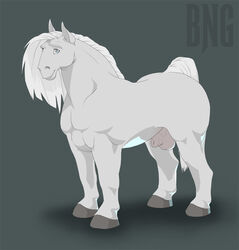 anatomically_correct balls bng color cremello equine feral furry hooves horse male male_only mammal penis pose sheath smile solo uncensored