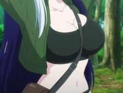 1girls arms_up big_breasts black_shorts blue_hair blush breasts busty cleavage close-up green_jacket head_out_of_frame highres jacket large_breasts midriff navel open_clothes open_jacket pointy_ears screencap shorts solo stitched tank_top the_new_gate third-party_edit tiera_lucent voluptuous