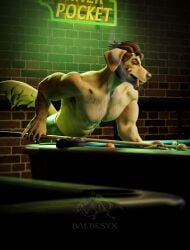 3d_(artwork) abs anthro arm_hair ashtray athletic bar billiard_table bird_dog blender_cycles body_hair canid canine canis chaps chaps_only chest_hair cigar clothing cue_stick digital_media_(artwork) domestic_dog furniture hi_res hunting_dog leather leather_clothing male mammal mickey_the_retriever muscular muscular_anthro muscular_male neon_sign pecs retriever sign smoke solo table yabalbes