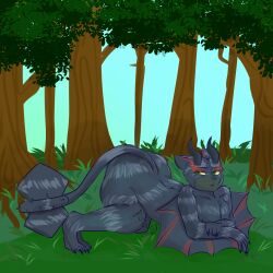 1boy anthro background bent_legs black_fur black_horns blue_eyes claws commission commissioner_upload crossed_arms diablos_(mh) digital_drawing_(artwork) digital_media_(artwork) forest forest_background furry horns hybrid lucien_(kaithedumbass02) lying_on_stomach male male_only monster_hunter oc original_character red_fur red_markings shaded silverwind_nargacuga stinkybuns1 tail tail_club white_fur winged_arms wings