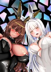 2girls blanc_(nikke) blush breasts brown_hair bunny_ears bunnysuit cleavage dark-skinned_female dark_skin female_only from_below goddess_of_victory:_nikke huge_breasts light-skinned_female light_skin long_hair noir_(nikke) open_mouth white_hair yellow_eyes