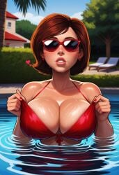 1girls 5_fingers absurd_res absurdres ai_generated big_breasts big_lips bikini bikini_top breasts brown_hair bush cleavage clothed clothed_female clothing cloud covered_breasts depth_of_field director_joe420 disney earrings female female_focus female_only heart helen_parr hi_res high_resolution highres house human human_only in_pool light-skinned_female light_skin looking_at_viewer lounge_chair milf nail_polish parted_lips partially_submerged pool pool_chair poolside pulling_on_clothes pulling_up_clothing red_bikini red_bikini_top red_earrings red_nail_polish red_nails red_sunglasses red_topwear self_upload shiny shiny_breasts shiny_hair shiny_skin short_hair shrub solo solo_female solo_focus sunglasses sunny tanline teeth teeth_showing the_incredibles the_incredibles_2 thick_lips tinted_eyewear topwear tree upper_body upper_body_focus water wet wet_body wet_breasts wet_clothes wet_clothing