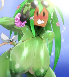 big_breasts blaster_master blush breasts clothing elemental_creature elemental_humanoid female flora_fauna flower flower_(anatomy) green_body head_flower hi_res huge_breasts humanoid kanna_(blaster_master) leaf leaf_hair mdthetest nipples not_furry plant plant_hair plant_humanoid pseudo_hair solo solo_focus